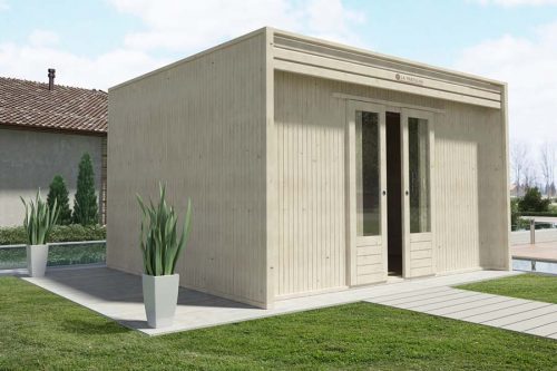 casetta in legno da giardino moderna 400x300 con porta doppia scorrevole