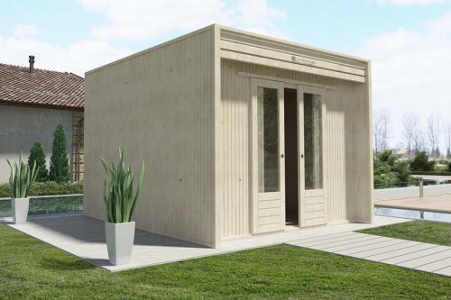 casetta in legno da giardino moderna 300x300 con porta doppia scorrevole