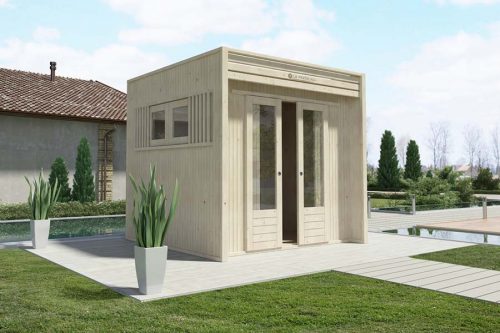 casetta in legno da giardino moderna 350x200 con porta doppia scorrevole e finestra laterale