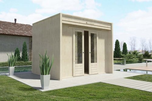 casetta in legno da giardino moderna 300x200 con porta doppia scorrevole